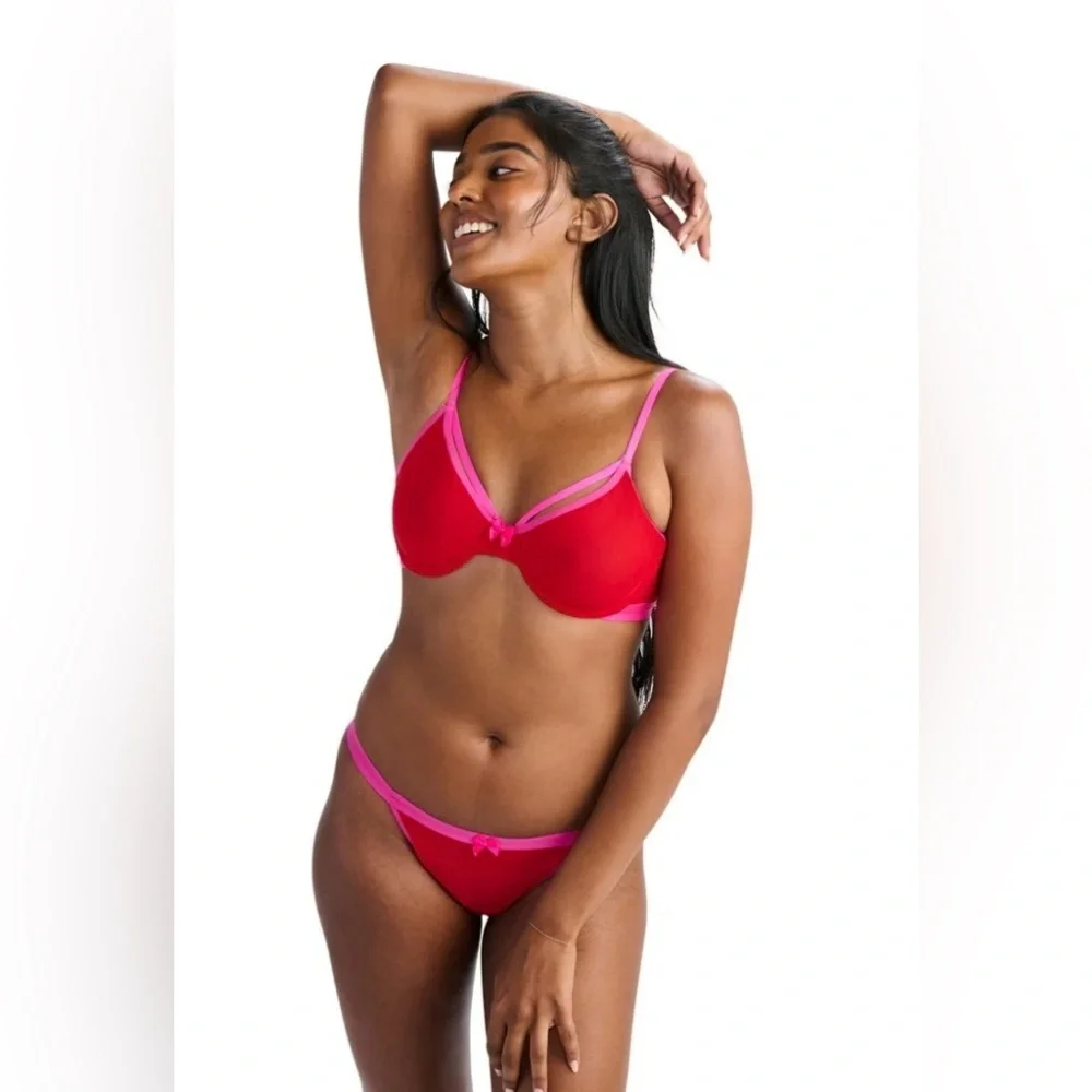 Parade Red Pink Mesh Underwire Bra & Panty Set NWT Size S+ PR132W - Picture 1 of 8